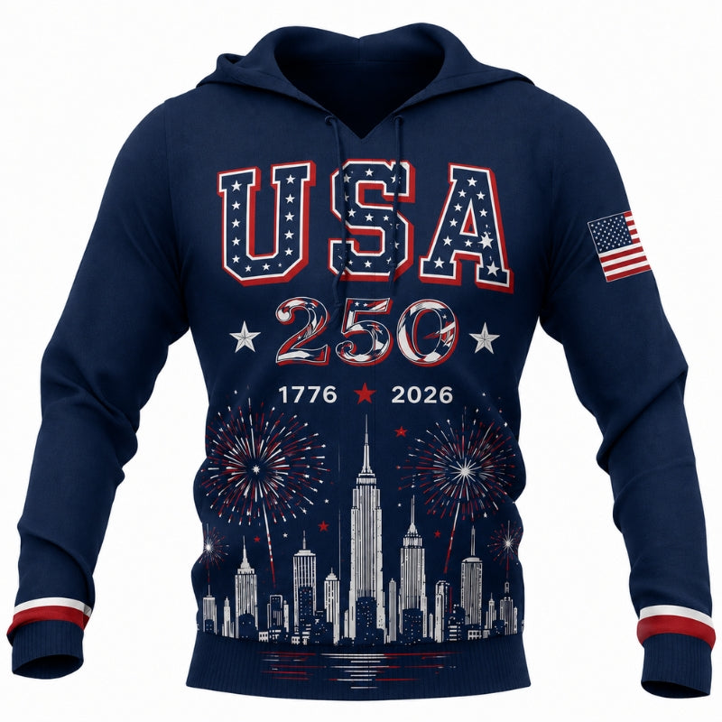 America 250th Anniversary Hoodie- USA City Skyline Fireworks Print