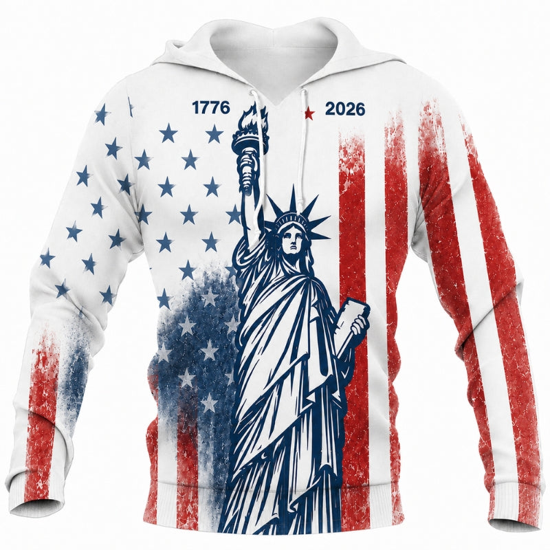 America 250th Anniversary Hoodie- USA Liberty Statue Torch Stripes Print