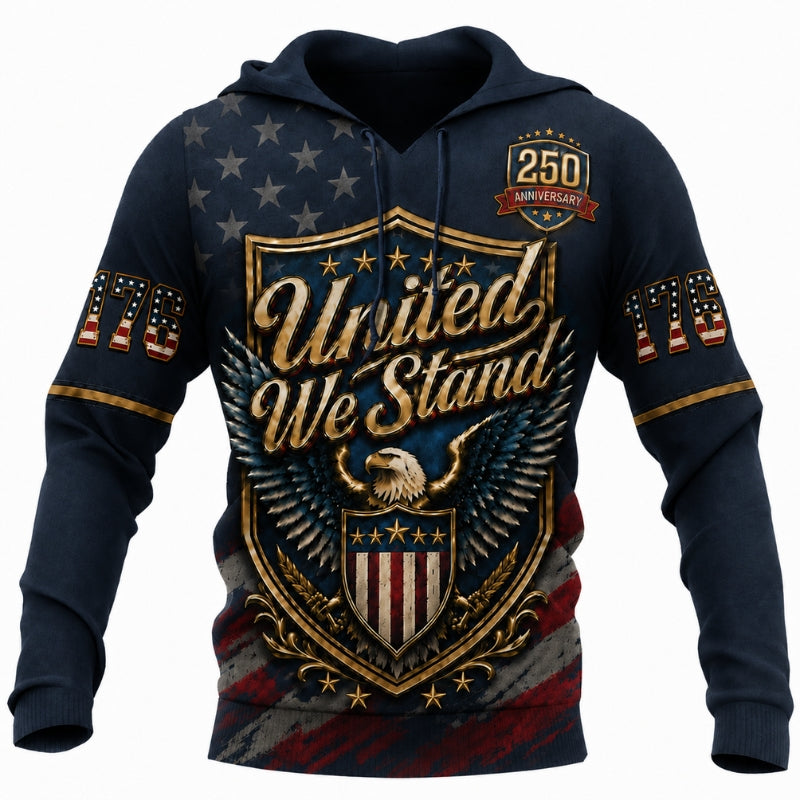 America 250th Anniversary Hoodie- USA United We Stand Eagle Shield Print