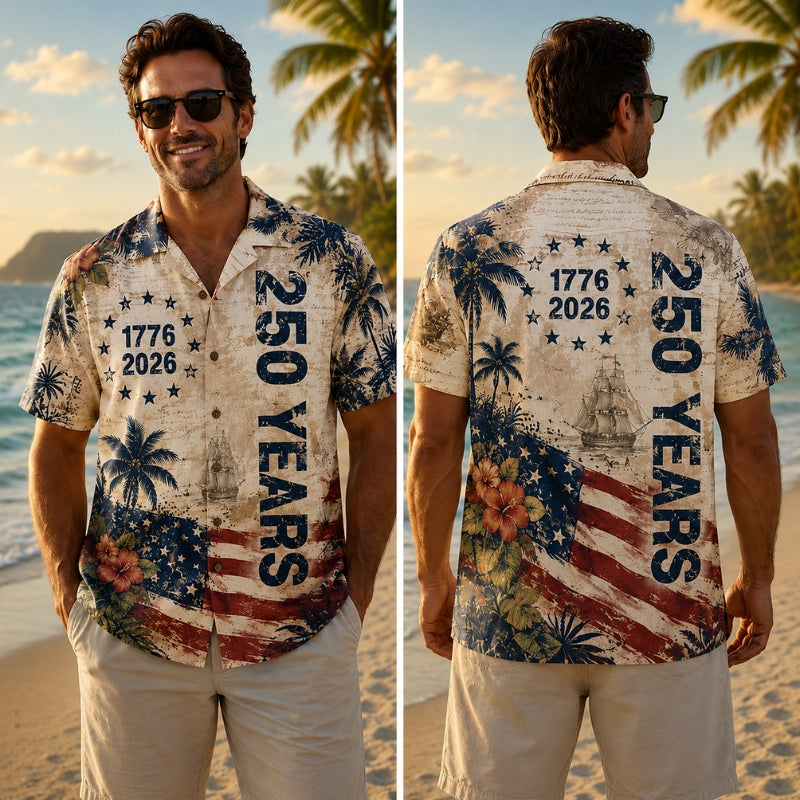 America 250th Anniversary Tropical Hawaiian Shirt, 1776-2026 Summer Aloha Button-Up
