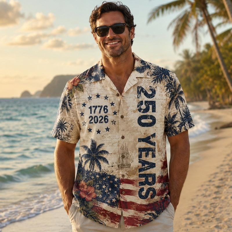 America 250th Anniversary Tropical Hawaiian Shirt, 1776-2026 Summer Aloha Button-Up