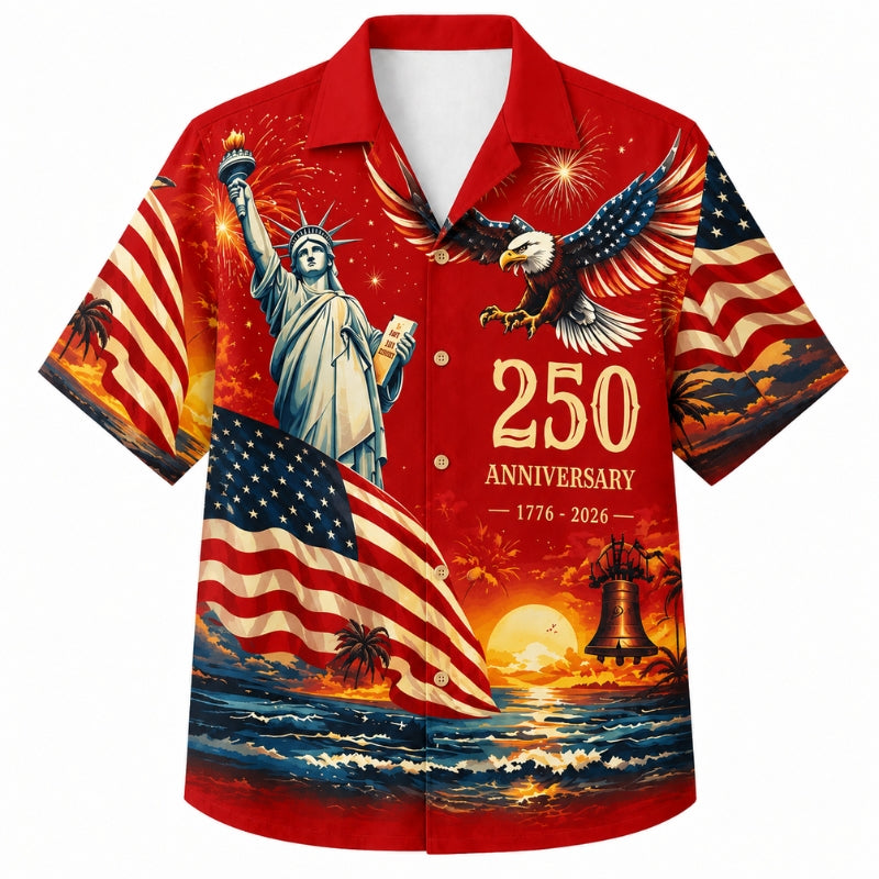 America 250th Anniversary Wide Hawaiian Shirt- Bold Red Liberty Eagle Print
