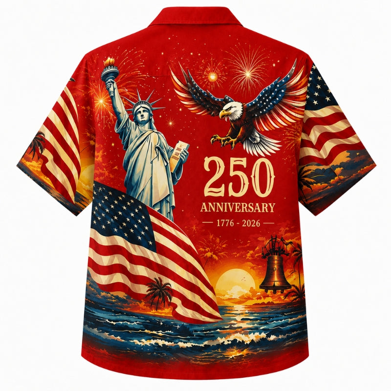 America 250th Anniversary Wide Hawaiian Shirt- Bold Red Liberty Eagle Print
