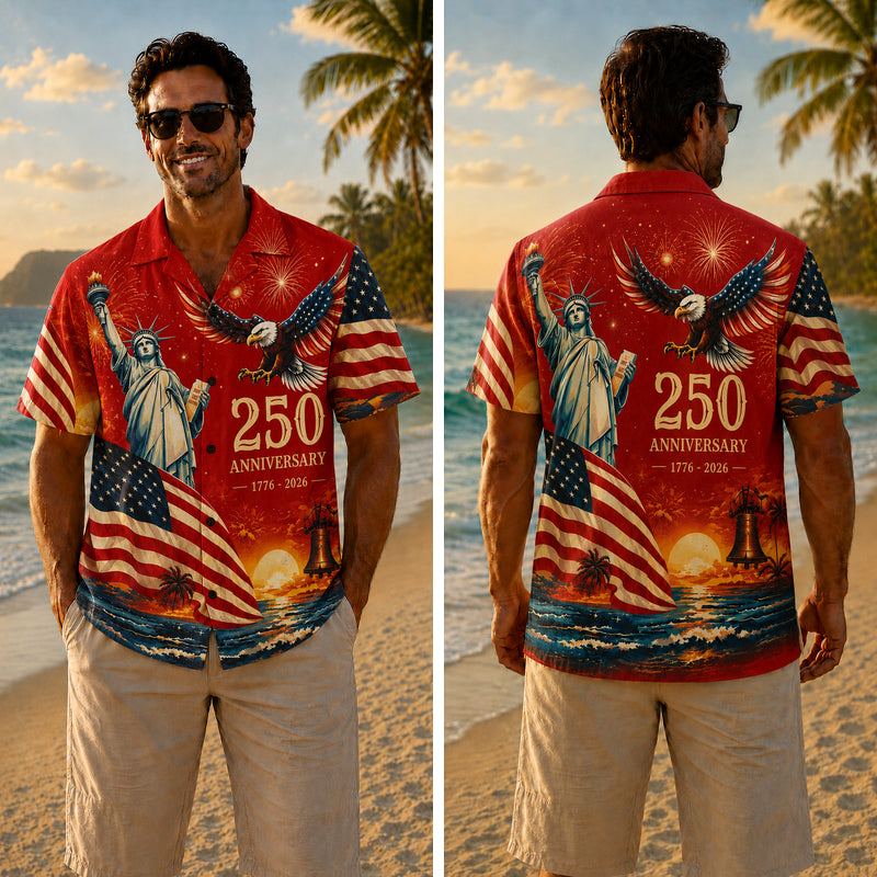 America 250th Anniversary Wide Hawaiian Shirt - Bold Red Liberty Eagle Print