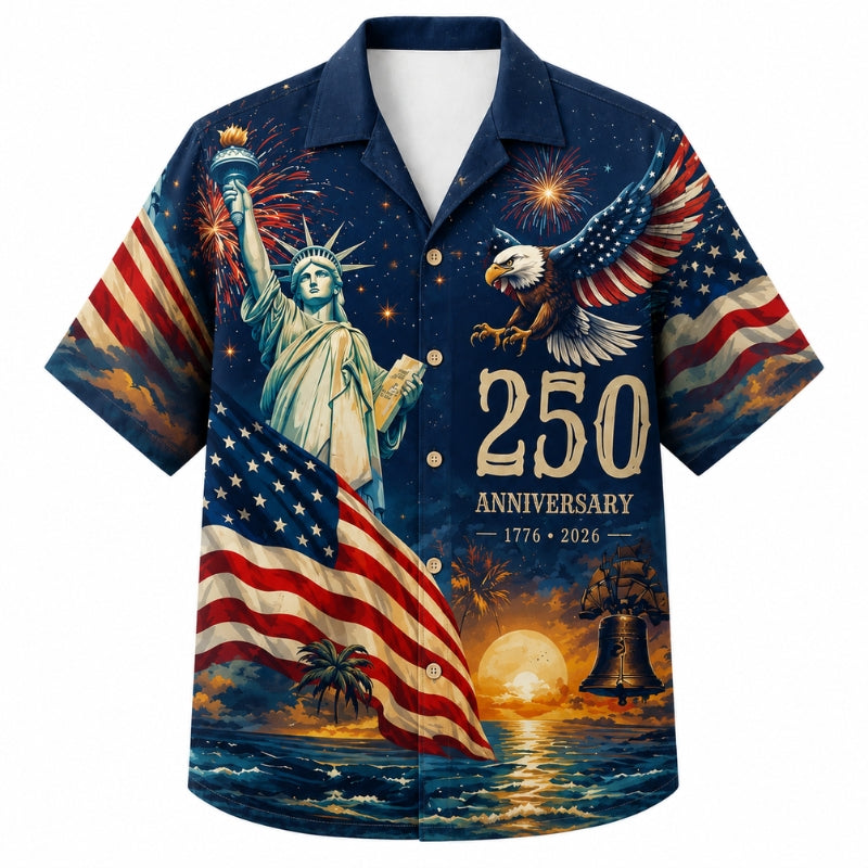 America 250th Anniversary Wide Hawaiian Shirt- Navy Liberty Eagle Bell