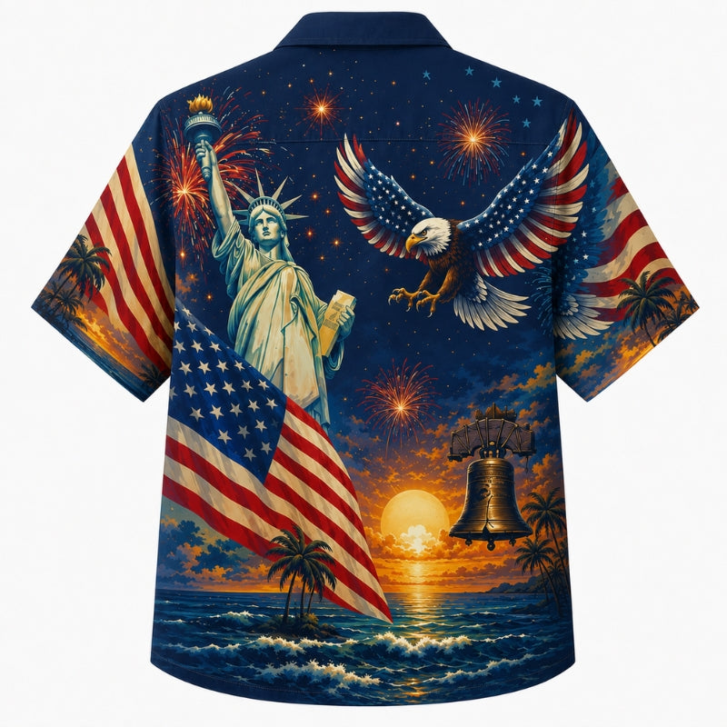 America 250th Anniversary Wide Hawaiian Shirt- Navy Liberty Eagle Bell