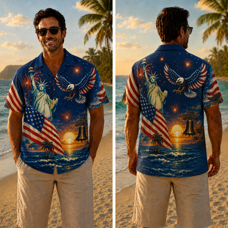 America 250th Anniversary Wide Hawaiian Shirt - Navy Liberty Eagle Bell