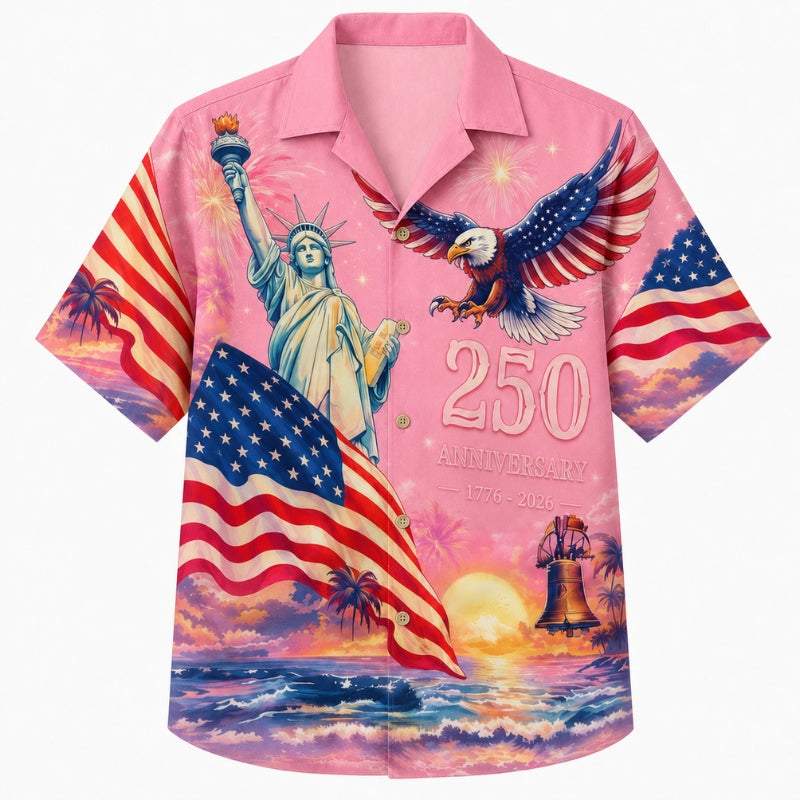 America 250th Anniversary Wide Hawaiian Shirt- Soft Pink Liberty Eagle