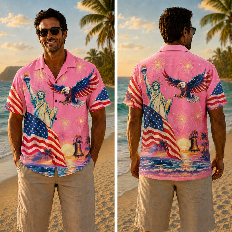 America 250th Anniversary Wide Hawaiian Shirt - Soft Pink Liberty Eagle