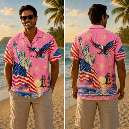America 250th Anniversary Wide Hawaiian Shirt - Soft Pink Liberty Eagle