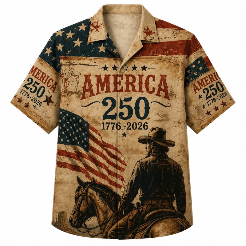 America 250th Anniversary Wide Hawaiian Shirt- Vintage Western Cowboy Print