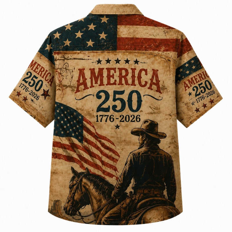 America 250th Anniversary Wide Hawaiian Shirt- Vintage Western Cowboy Print