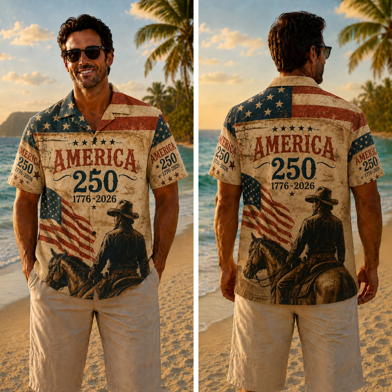 America 250th Anniversary Wide Hawaiian Shirt - Vintage Western Cowboy Print