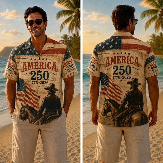 America 250th Anniversary Wide Hawaiian Shirt - Vintage Western Cowboy Print