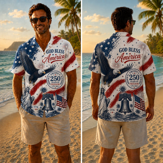 America 250th God Bless Eagle Flag Hawaiian Shirt