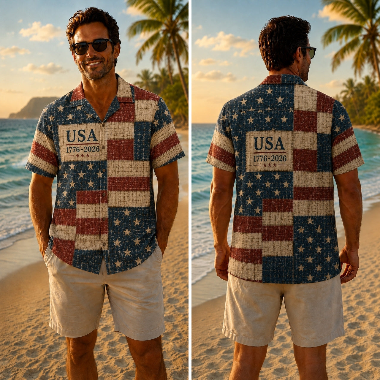 America 250th Retro USA Flag Print Hawaiian Shirt
