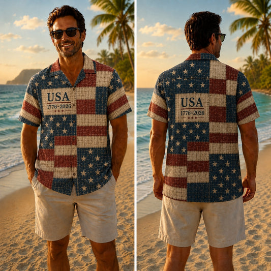 America 250th Retro USA Flag Print Hawaiian Shirt