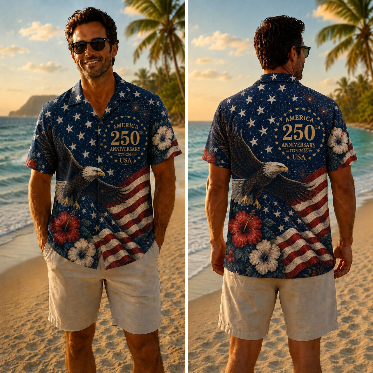 America 250th Stars Flag Eagle USA Hawaiian Shirt