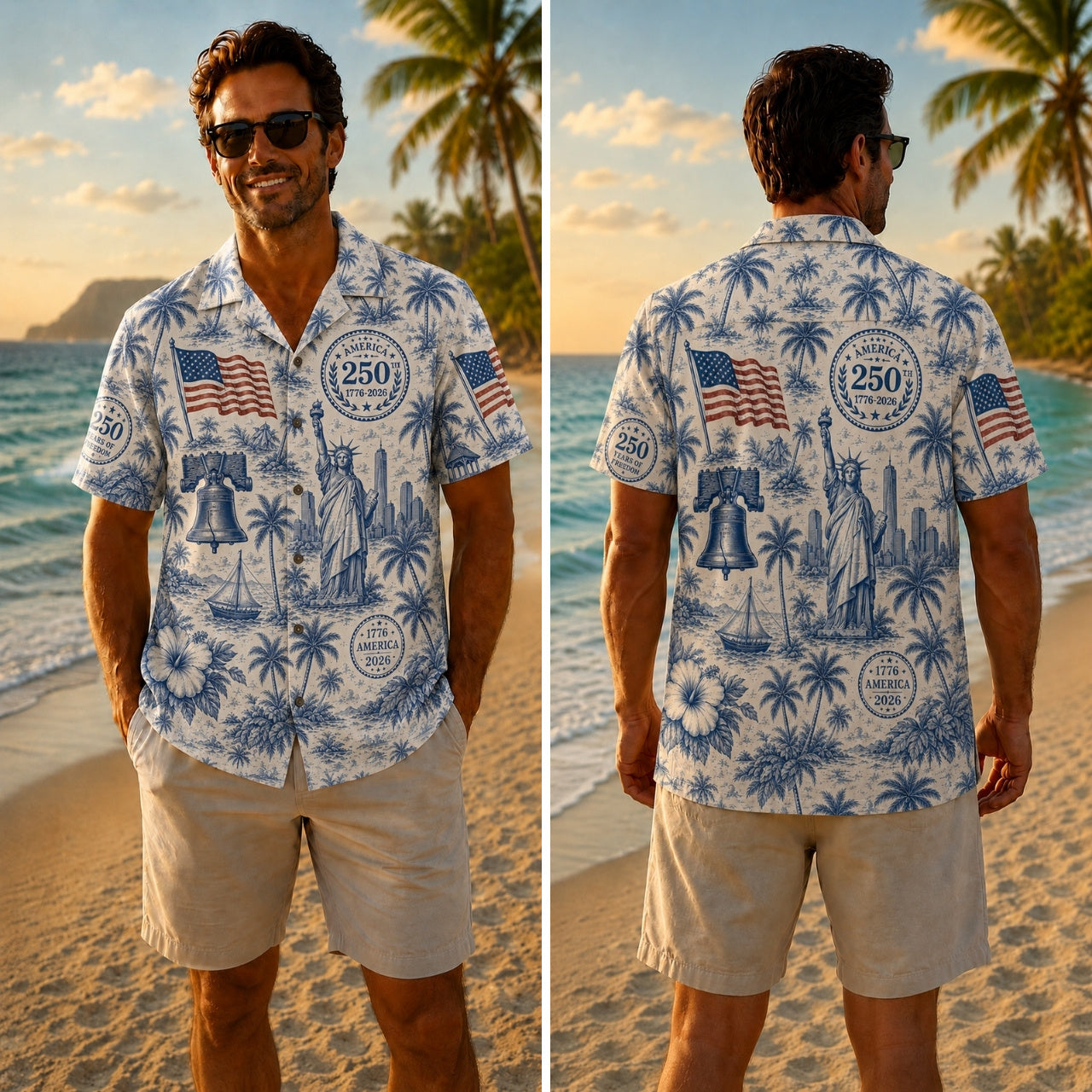 America 250th Toile Palm Flag Print Hawaiian Shirt