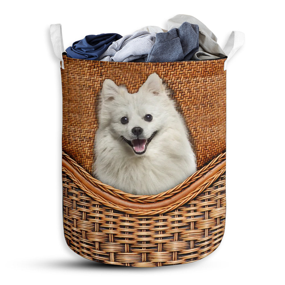 S: 17.72”x13.78” (45x35 cm) American Eskimo Dog Rattan Teaxture - Laundry Basket - Owls Matrix LTD