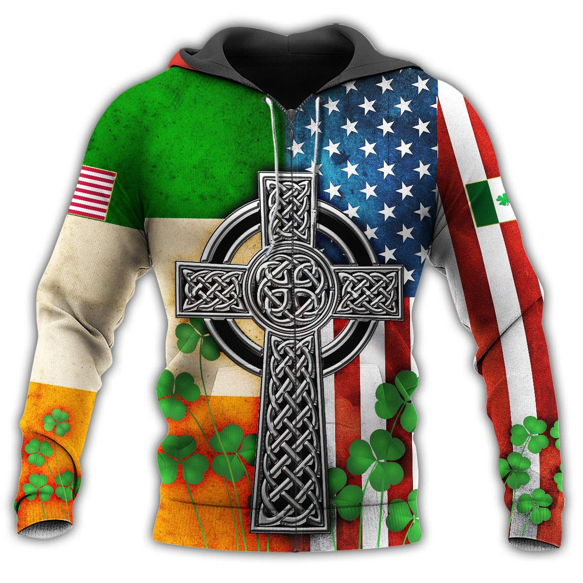 Irish American Flag Celtic Cross - 3D Hoodie
