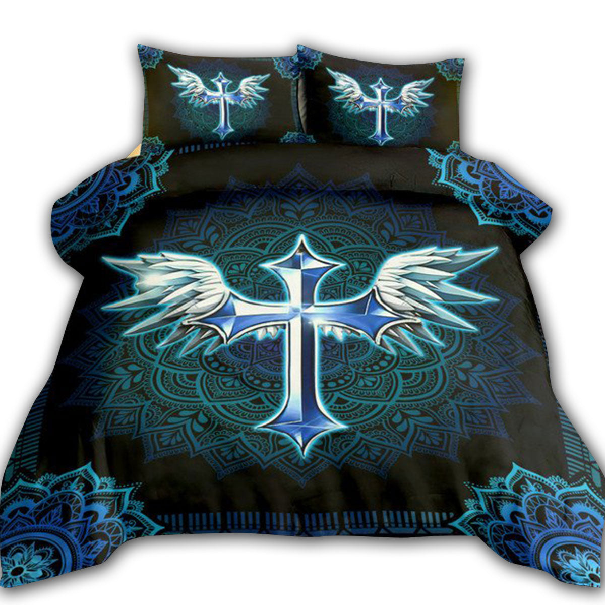Jesus Angel Wing And Cross Christian Mandala Bedding Cover For Faith Bedroom Decor