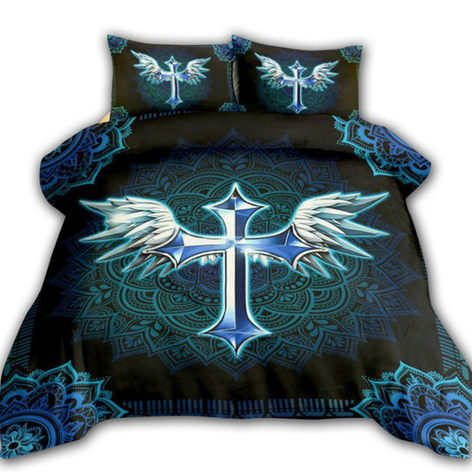 Jesus Angel Wing And Cross Christian Mandala Bedding Cover For Faith Bedroom Decor