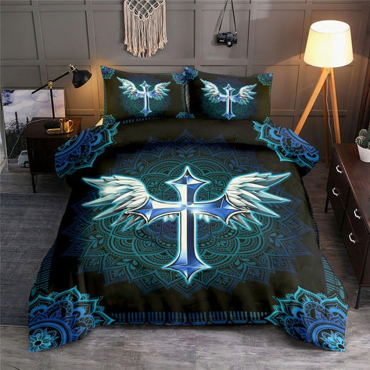 Angel Wing And Cross Christian Mandala Bedding Cover For Faith Bedroom Decor