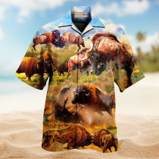 Animals Bison In Wild Battle Limited Edition – Hawaiian Shirt