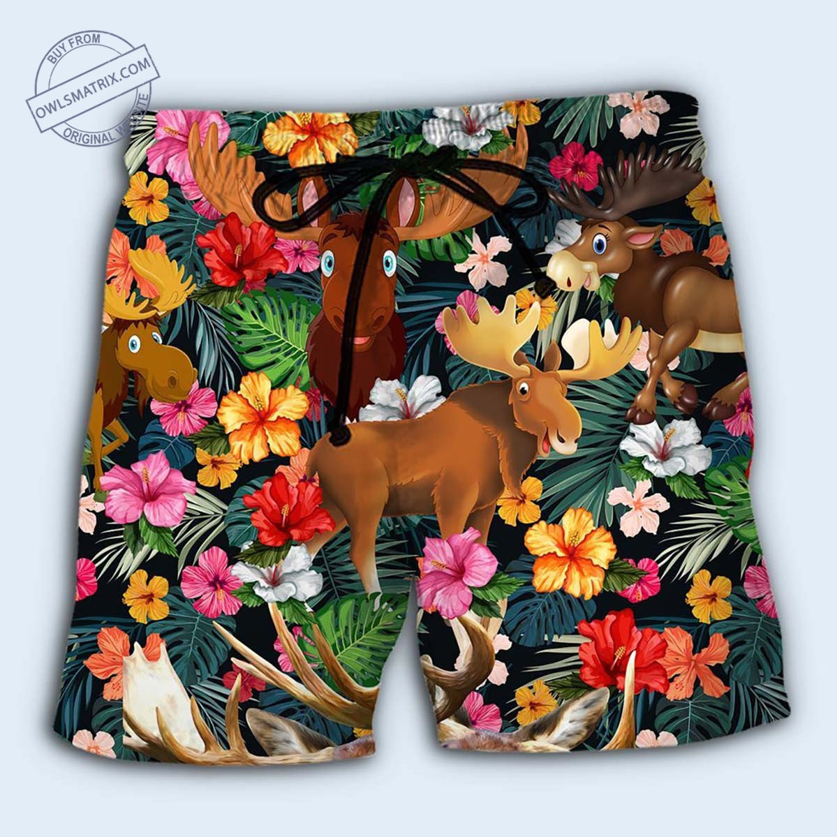 Beach Short / Adults / S Animals Happy Moose Aloha Edition - Hawaiian Shirt - HAWS05FNN210721 - Owls Matrix LTD