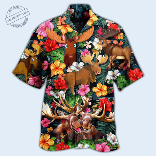 Hawaiian Shirt / Adults / S Animals Happy Moose Aloha Edition - Hawaiian Shirt - HAWS05FNN210721 - Owls Matrix LTD