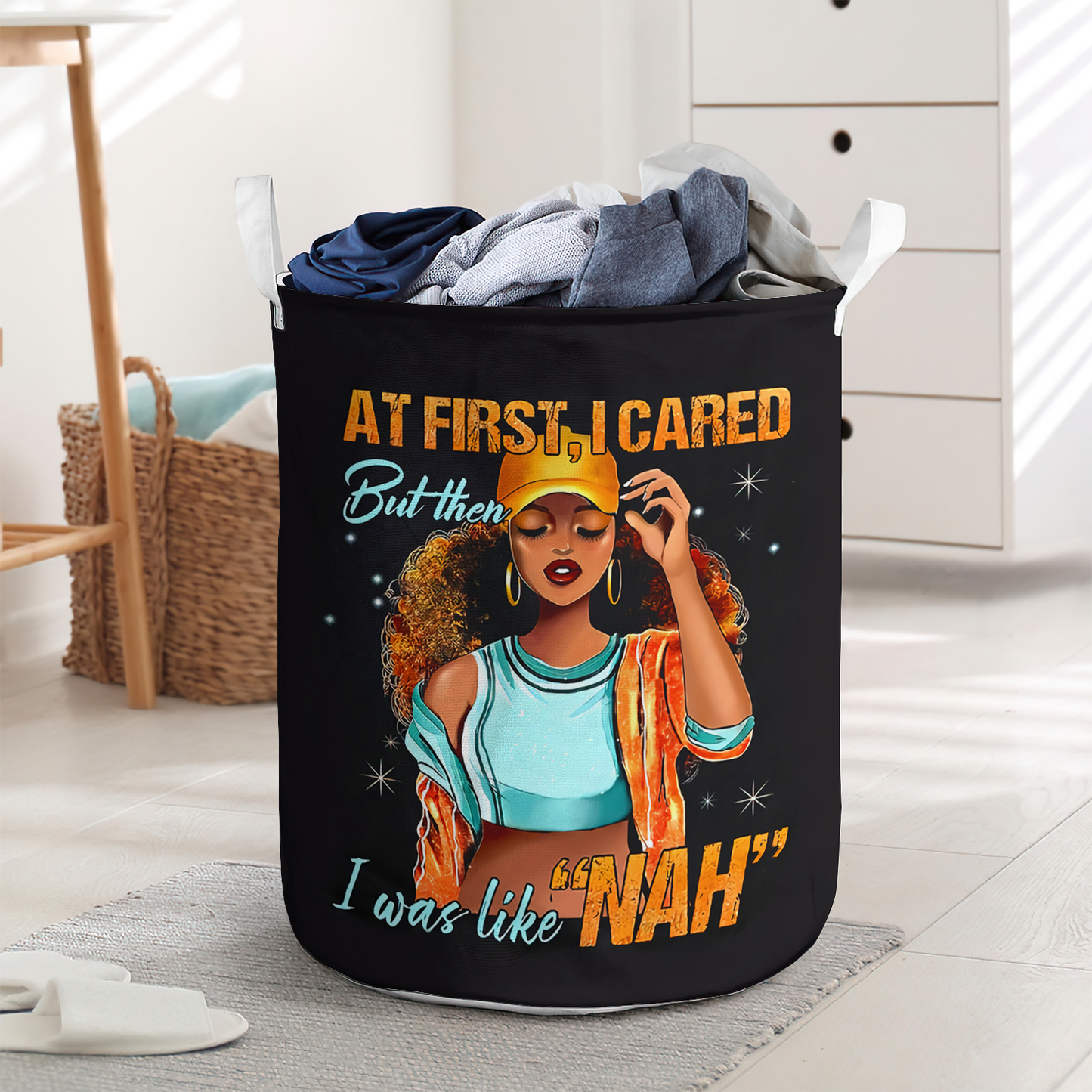 At first i cared girl in yellow black woman - Laundry basket - LAUB05NGC250222-Owls Matrix