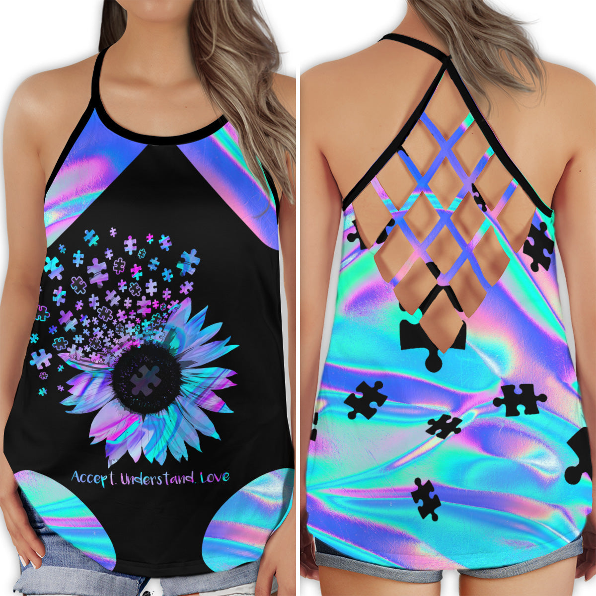 Autism Sunflower Accept Understand Love – Hollow Tank Top
