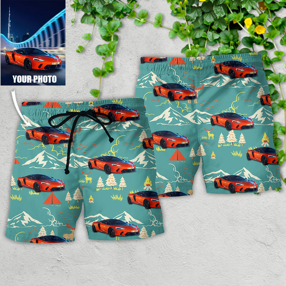 Car Driving Through Mountain Road Custom Photo - Beach Short