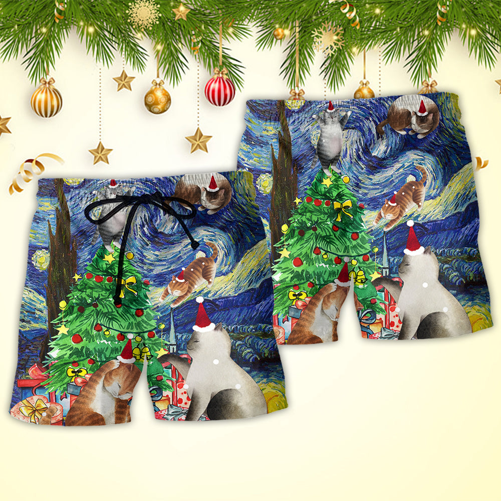 Christmas Cat Playing In Starry Night - Beach Short - Owls Matrix LTD