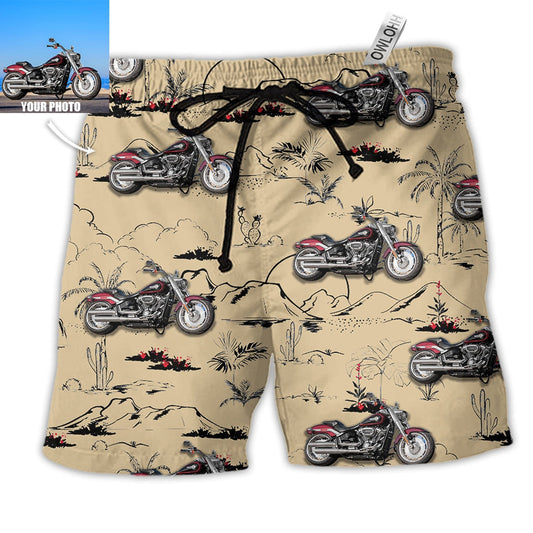 Motorcycle Desert Catus Mountain Flower Custom Photo - Beach Short - Owls Matrix LTD