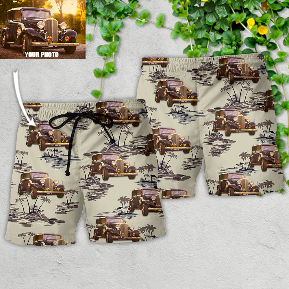 Vintage Car Tropical Island Palm Pattern Custom Photo - Beach Short