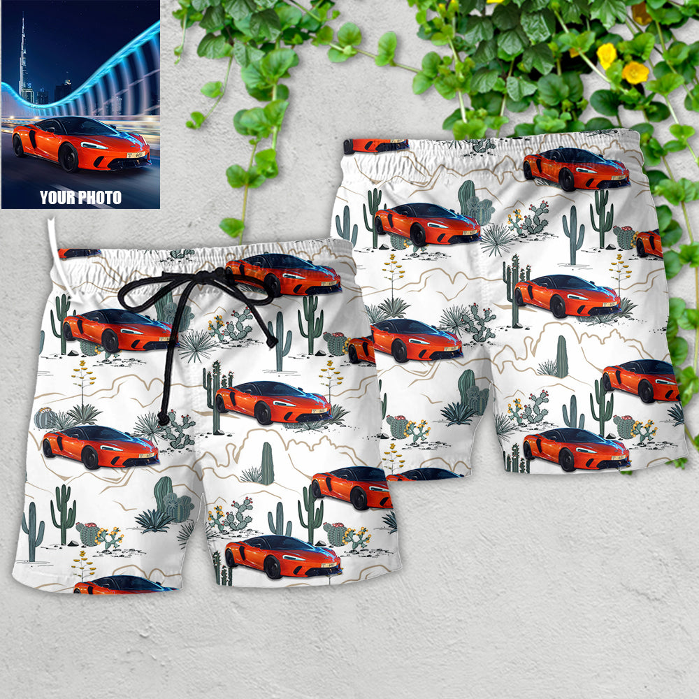 Desert Road With Mountains And Cactus Custom Photo – Beach Short