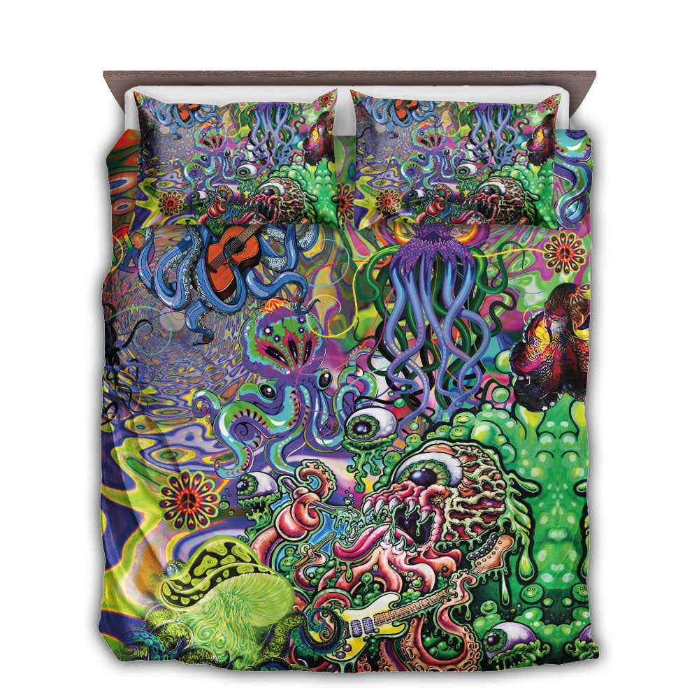 Hippie Funny Octopus Love Music Colorful Ocean Bedding Cover For Boho Bedroom Decor