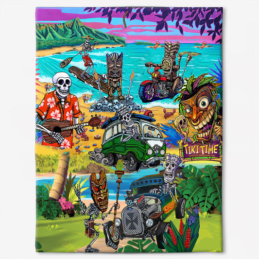 Skull And Tiki Summer Vibe 50 x 60 Inch Flannel Blanket For Cozy Bedroom And Sofa Decor