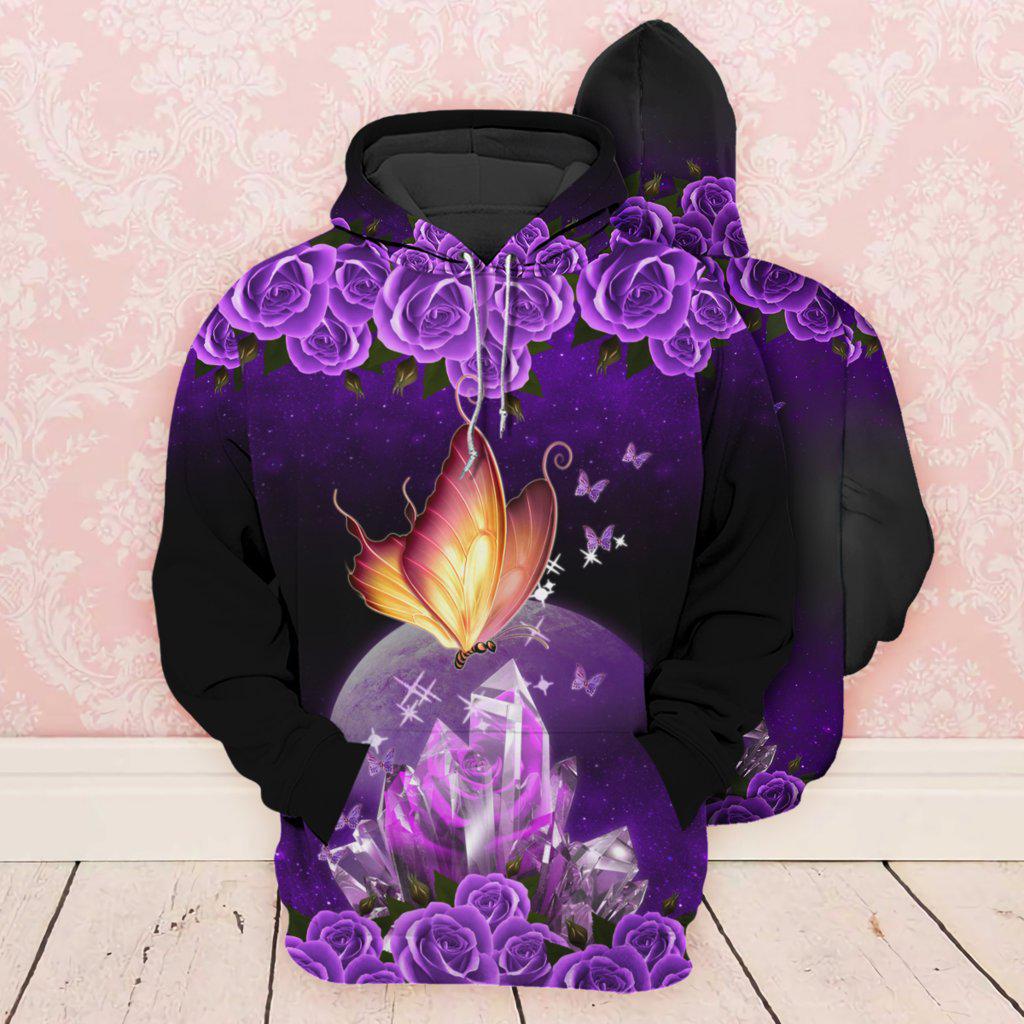 Butterfly Fire Purple Rose Art - 3D Hoodie