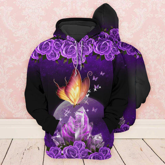 Butterfly Fire Purple Rose Art - 3D Hoodie
