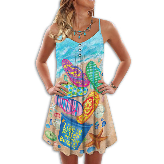 Beach Life With Flip Flops – Women's Summer Sleeveless V-Neck Camisole Dress