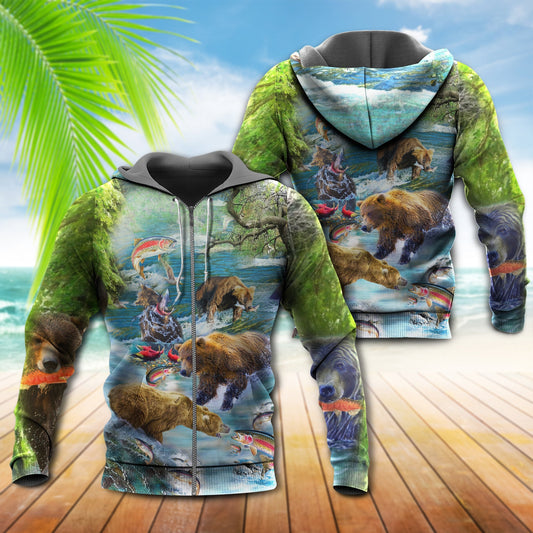 Bear Salmon Hunting Scene Art – 3D Hoodie