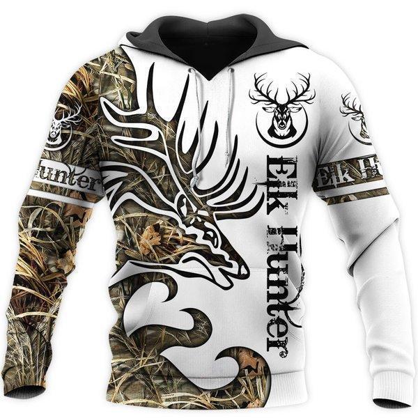 Elk Hunting Half Camo Forest Art – 3D Hoodie