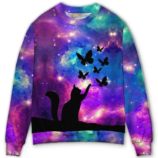 Beautiful Cat And Butterfly Art – Sweater - Ugly Christmas Sweater