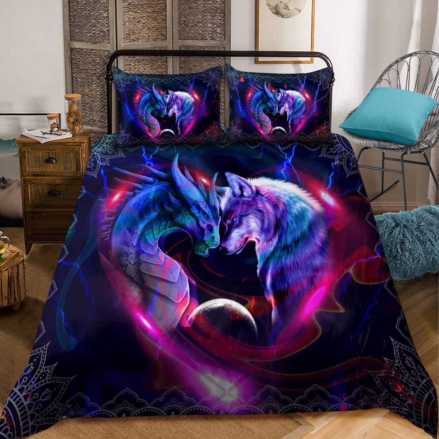 Galaxy Dragon And Wolf Battle Bedding Cover For Fantasy Bedroom Decor