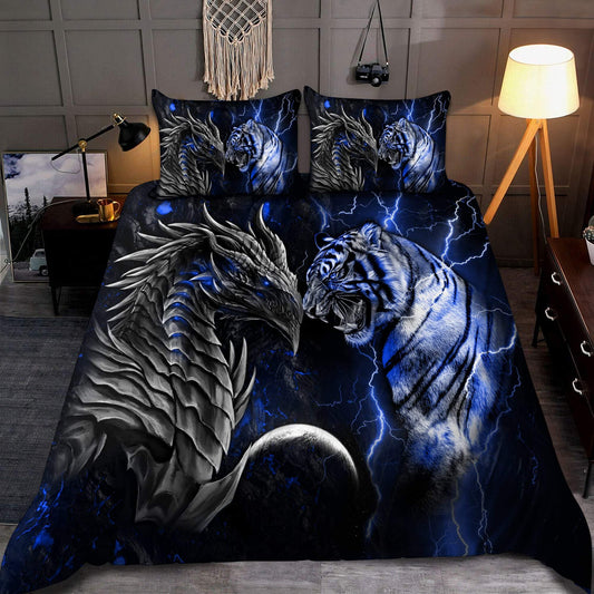 Blue Dragon And Tiger Battle Bedding Cover For Fantasy Bedroom Decor