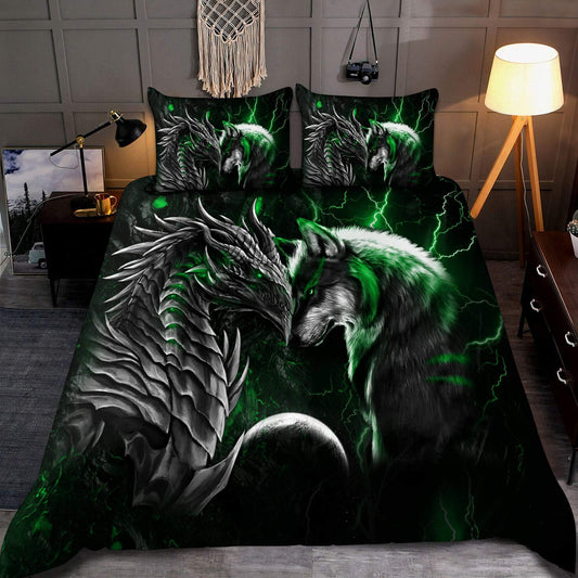Green Dragon And Wolf Fantasy Bedding Cover For Fantasy Bedroom Decor