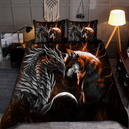 Orange Dragon And Wolf Fantasy Bedding Cover For Fantasy Bedroom Decor
